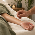 Male acupuncture practitioner placing a fine needle during a calm treatment