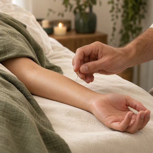 Male acupuncture practitioner placing a fine needle during a calm treatment