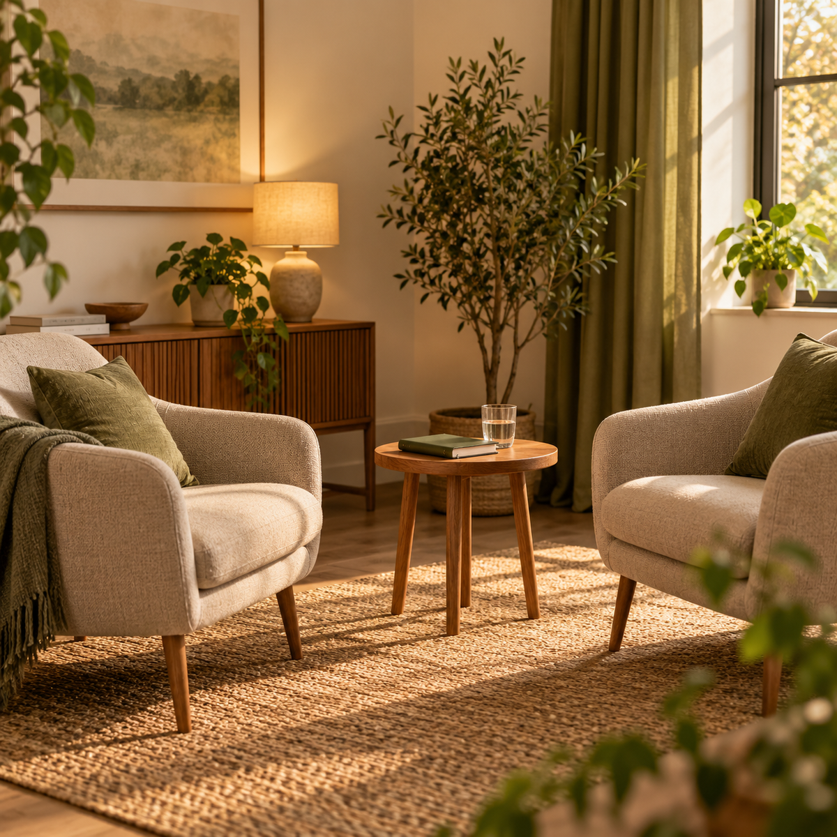 Warm, private counselling and psychotherapy consultation room