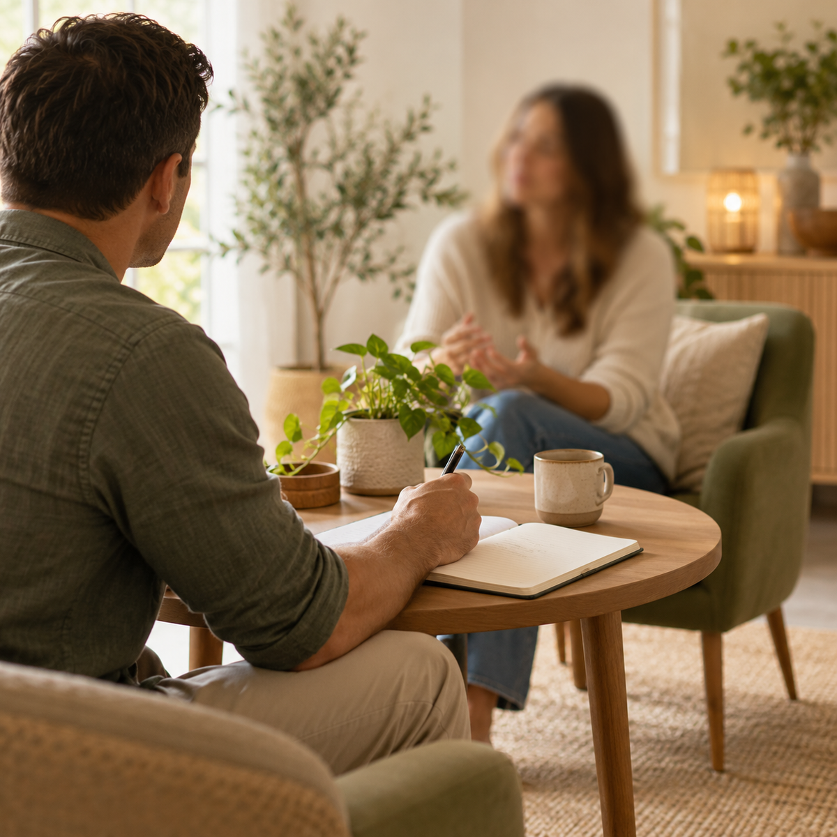 Male health and lifestyle coach in a supportive one-to-one consultation
