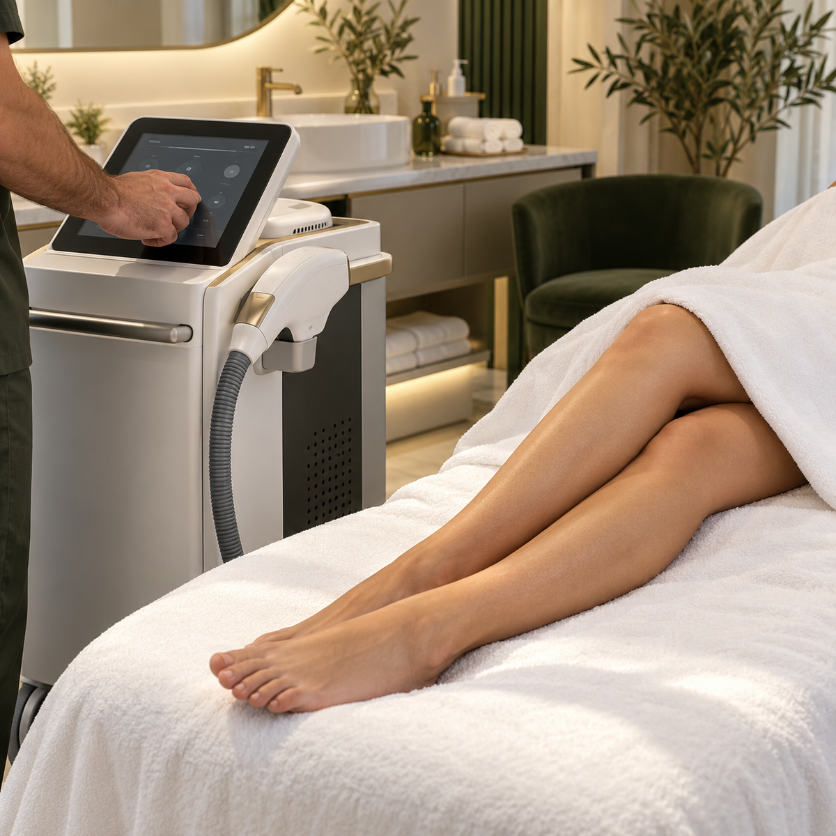 Male therapist preparing laser equipment beside a client receiving lower-leg treatment