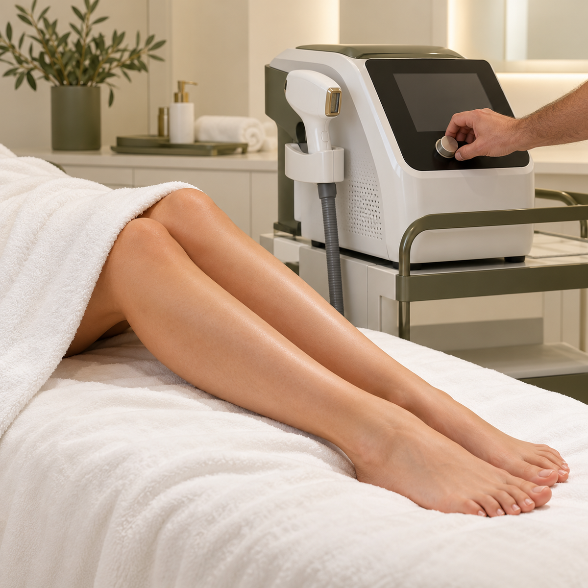 Laser hair removal equipment beside a client receiving a discreet full-leg treatment