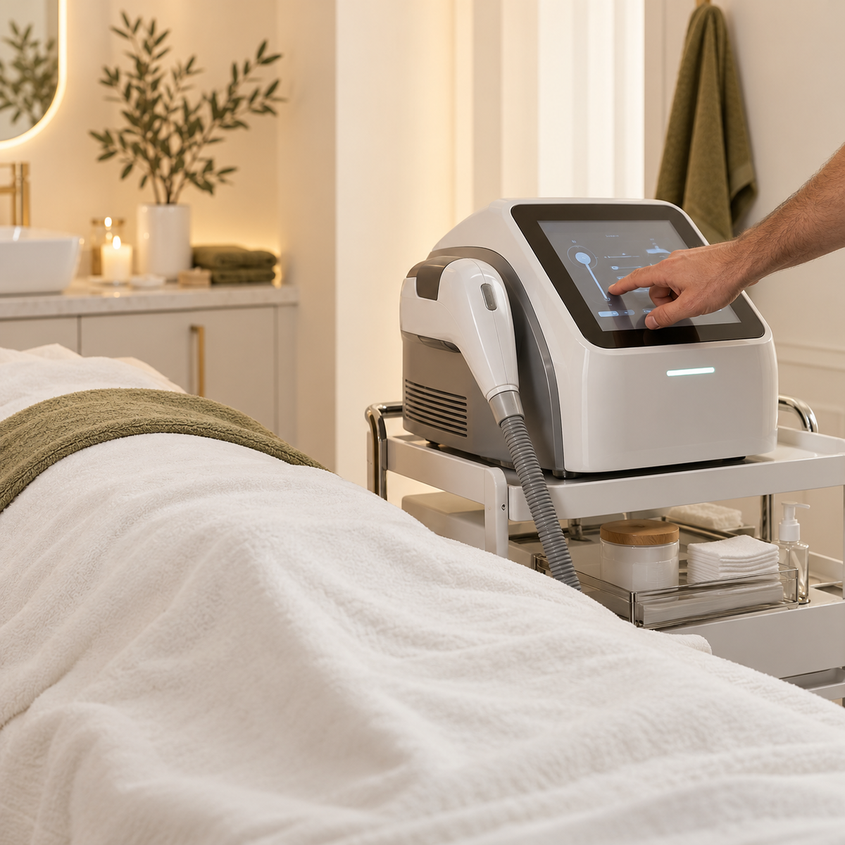 Professional laser hair removal equipment in a calm, discreet treatment room