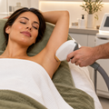 Male therapist providing laser hair removal treatment to a client's underarm