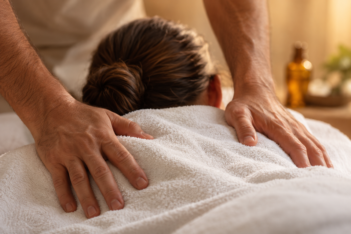 Close professional massage detail showing male therapist hands over a client’s towel-covered shoulders