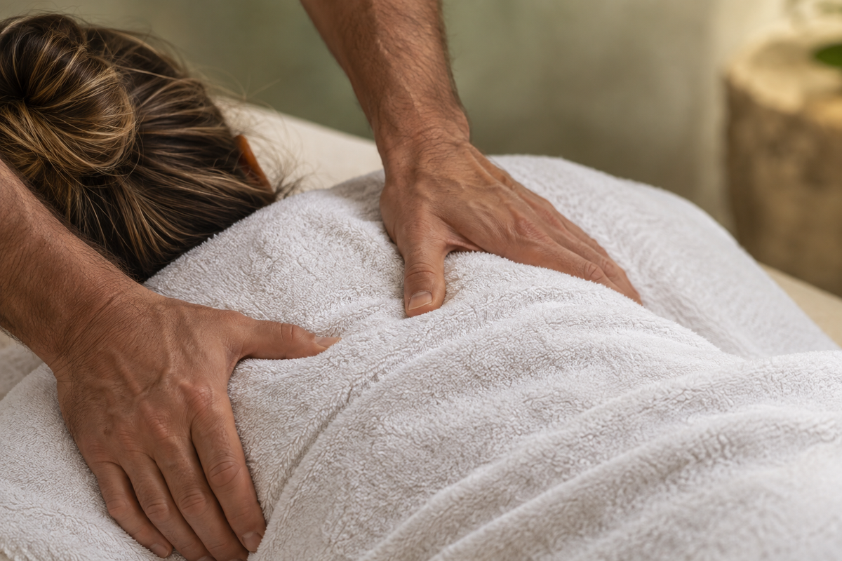 Close professional bodywork detail showing male therapist hands over a client’s towel-covered shoulders