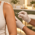 Male clinician giving a vitamin injection in an upper arm