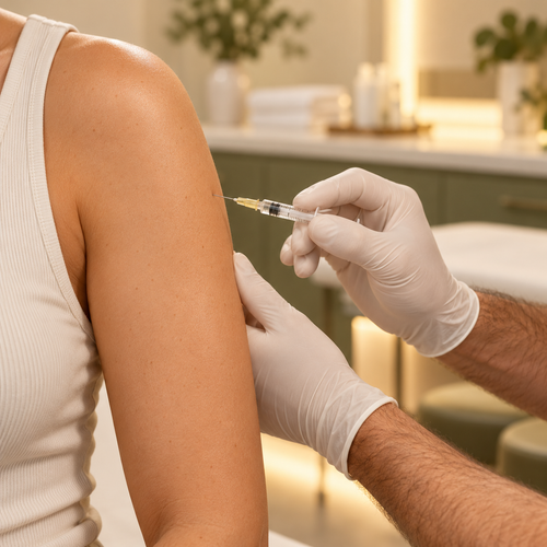 Male clinician giving a vitamin injection in an upper arm