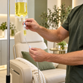 Male clinician preparing vitamin and IV therapy in a calm wellness clinic